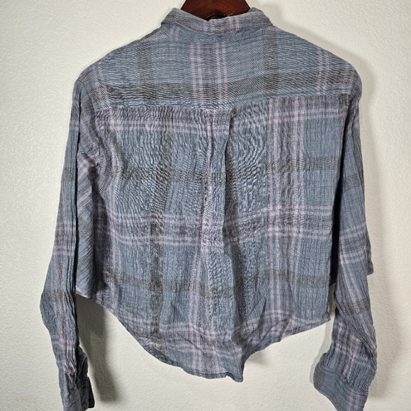 Free People Cutie Metallic Plaid Blue Dolman Cropped Button Down Boho‎ Chic XS - Picture 9 of 10